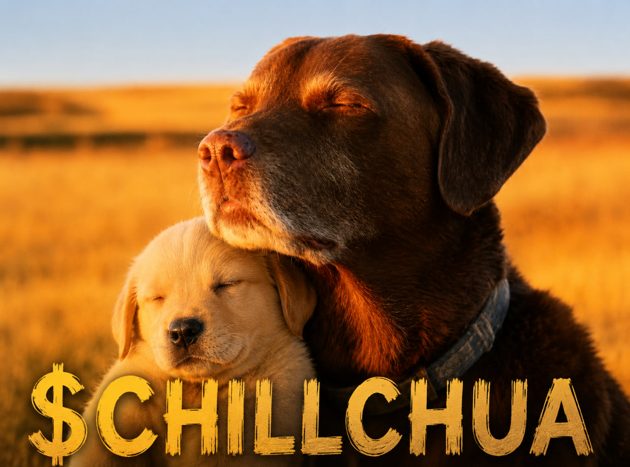 $CHILLCHUA dog cuddling a golden puppy at sunset