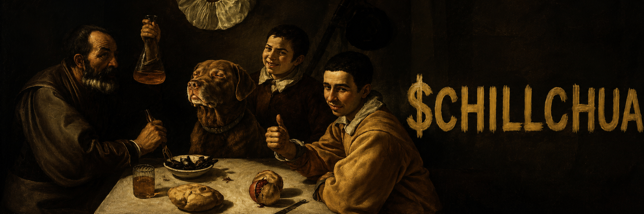 $CHILLCHUA renaissance-style painting of friends and the chillchua dog at a feast